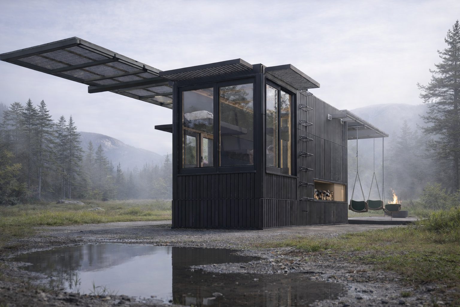 Getaway Cabin ONE, a black road-deployable cabin by FIXd Architecture, with lifting roof canopy beside a forest pond