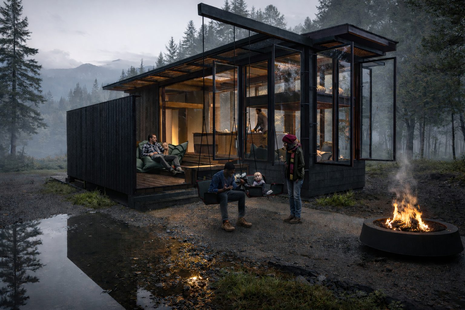 Getaway Cabin TWO, a road-deployable off-grid cabin by FIXd Architecture, with folding roof canopy in a mountain meadow