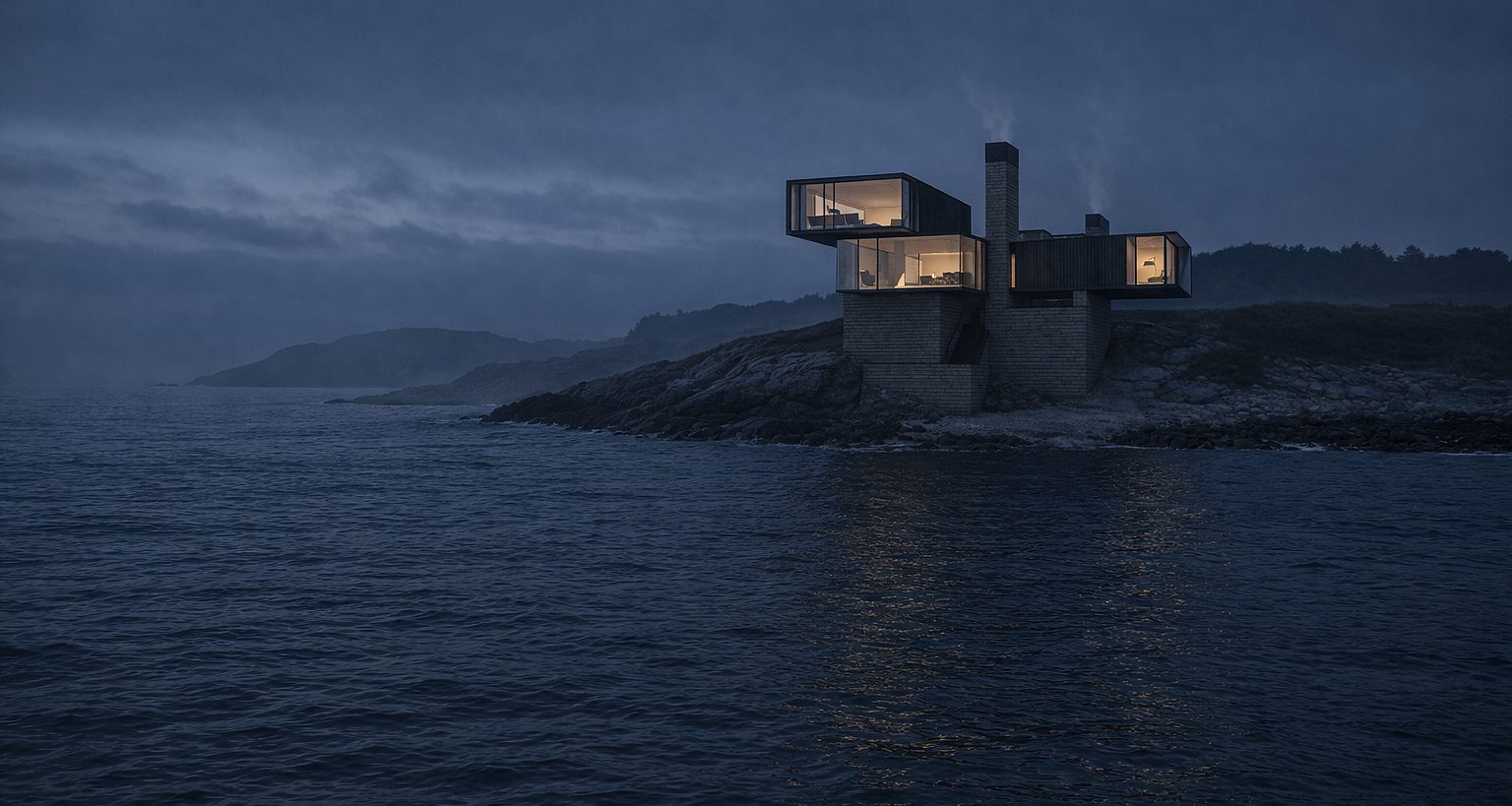 Wrap House by FIXd Architecture, a cantilevered coastal residence at dusk