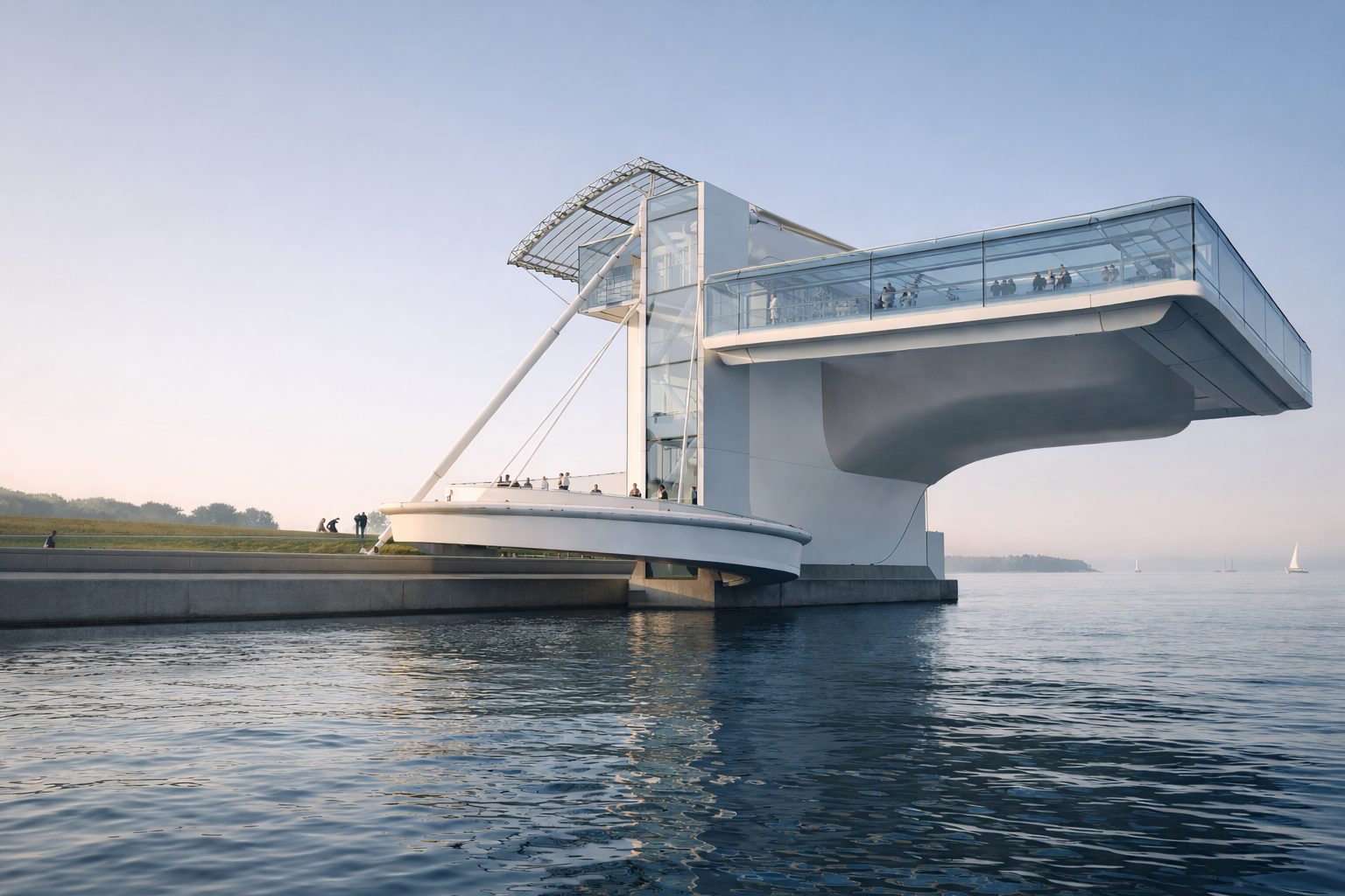 International Communication Center by FIXd Architecture, a cantilevered waterfront pavilion and a mobile communication unit