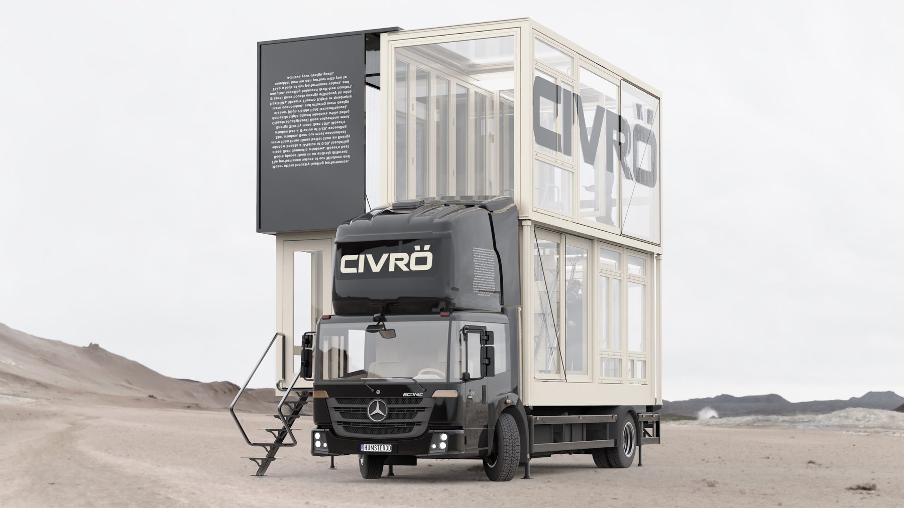 Mobile Showroom Prototype by FIXd Architecture, a telescoping two-level showroom on a Mercedes Econic truck