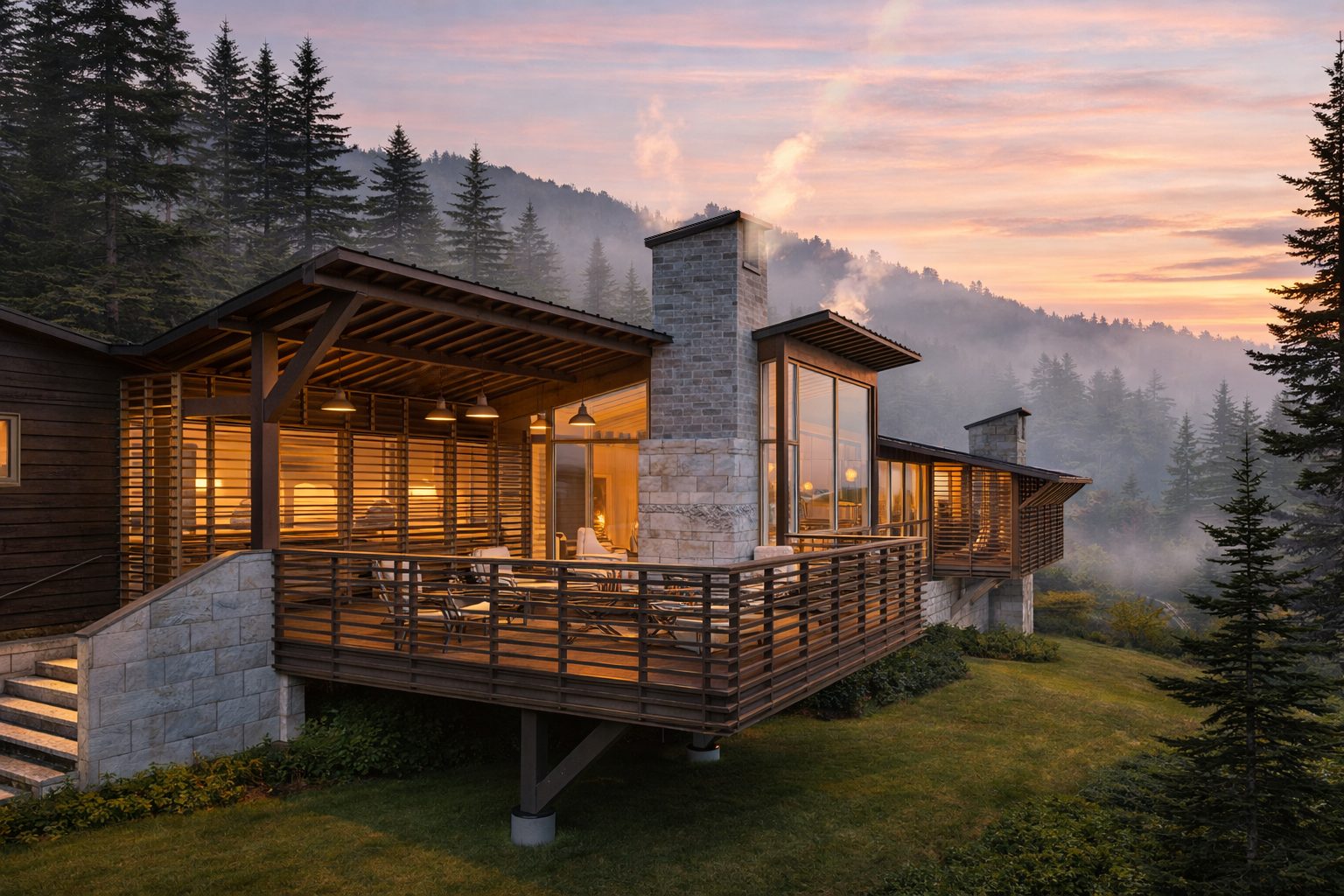 Stone House by FIXd Architecture, a stone and timber hillside residence at dusk