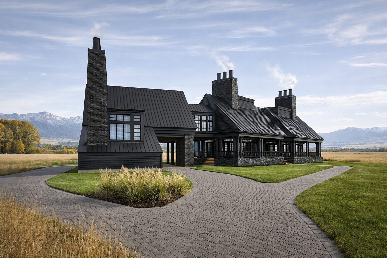 Three Gable Traditional by FIXd Architecture, three dark gabled volumes in a mountain meadow