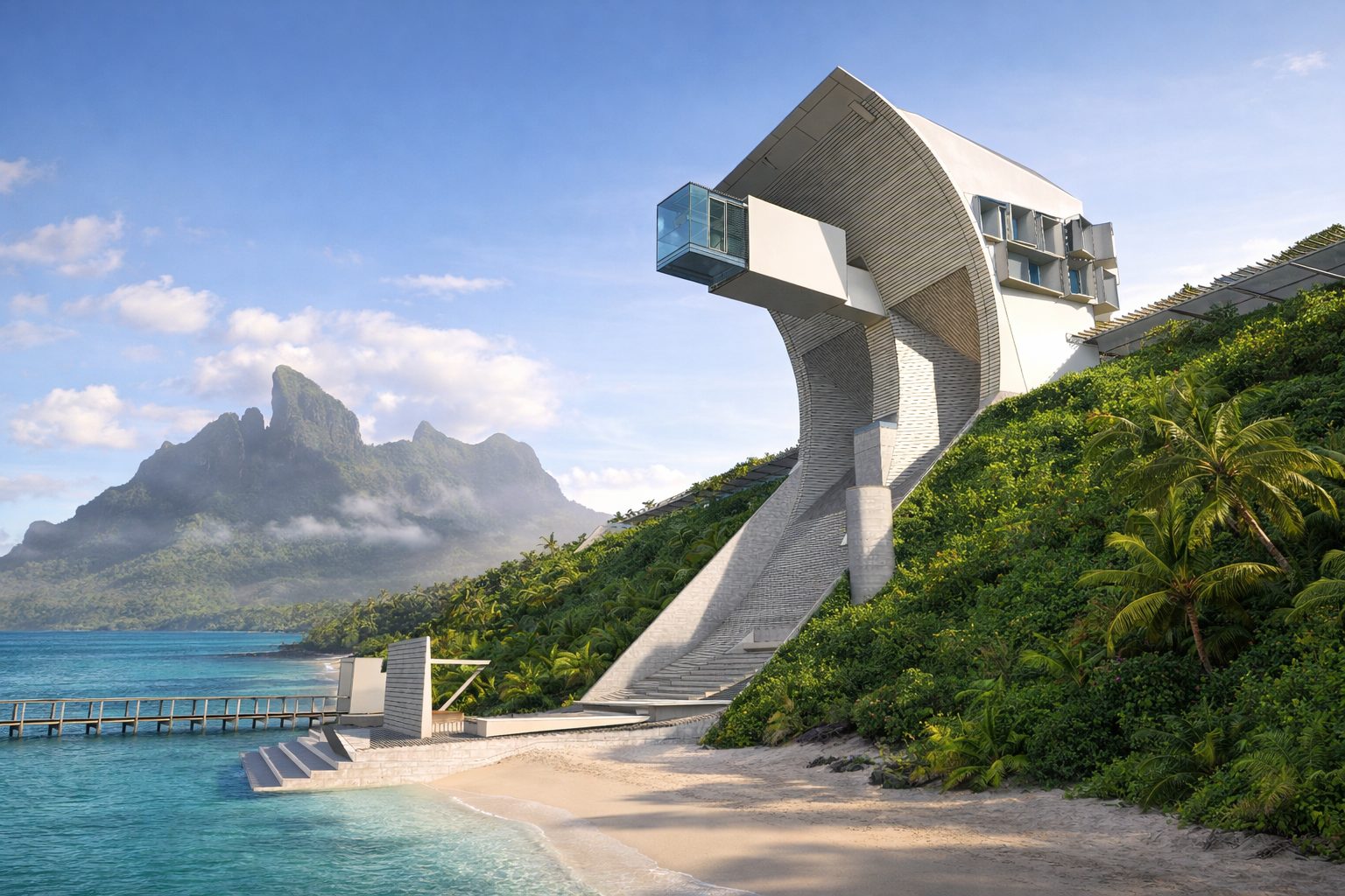 Ventus House, the Ventus Cup wind form rising above a tropical beach